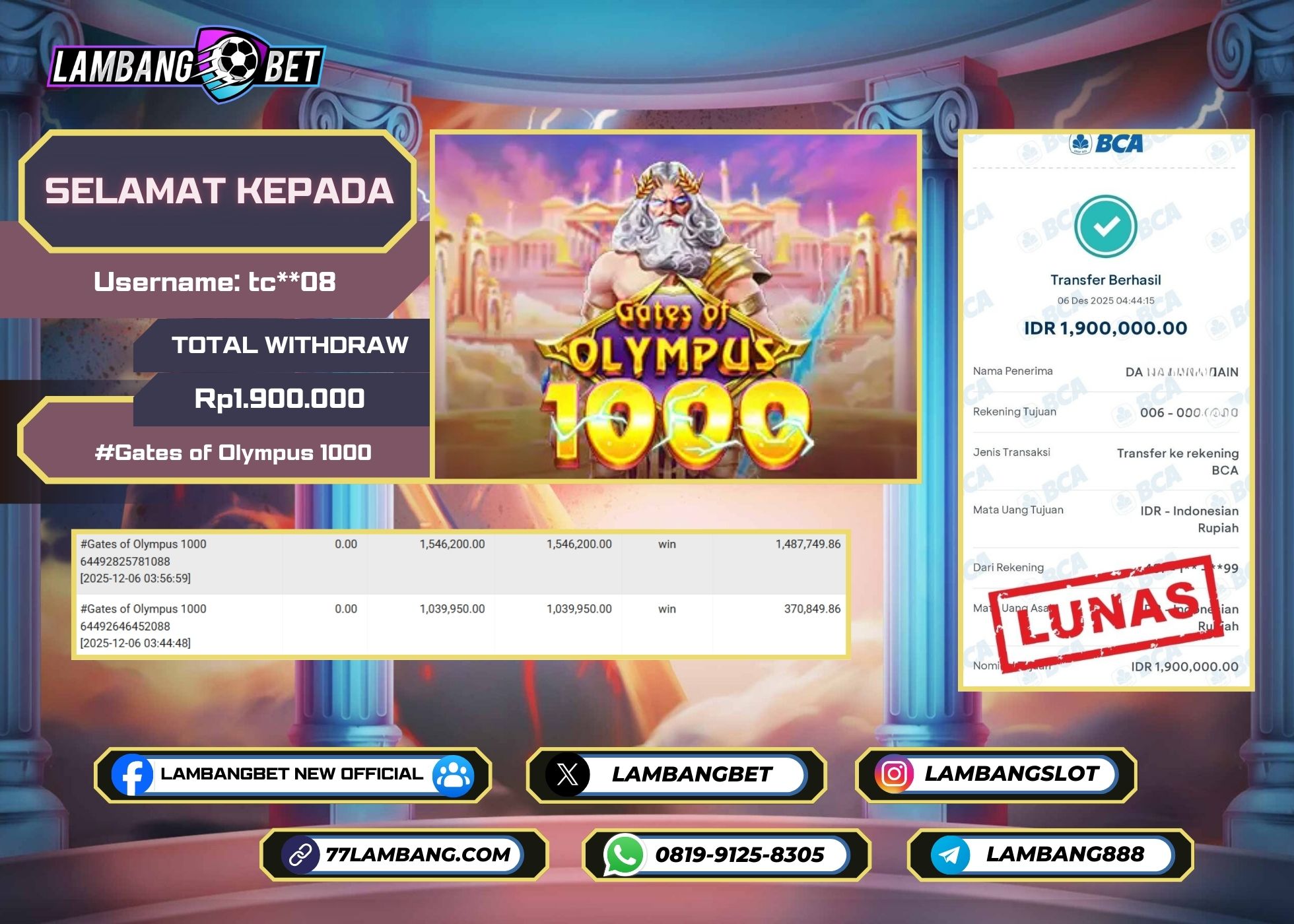 LAMBANGBET [6 DESEMBER 2025] JACKPOT SLOT Gates of Olympus 1000 "Rp1.900.000" LUNAS
